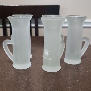 KEGLEVICH Crest Tall SHOT GLASS Barware Frosted with handle flared top.